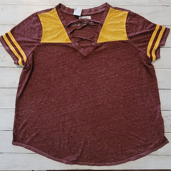 Maurices 24/7 Baseball T Shirt Red Yellow Striped Short Sleeve Womens Size 3X - Picture 1 of 5